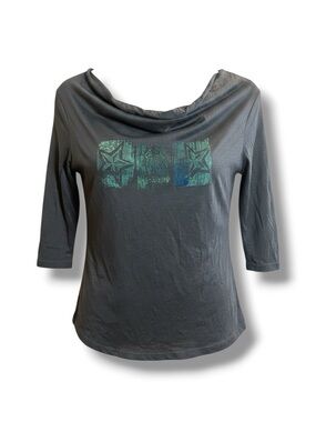 Upcycled Hand Printed 3/4 Sleeve Boatneck Drape Top Lightweight Bird Stars Tee M